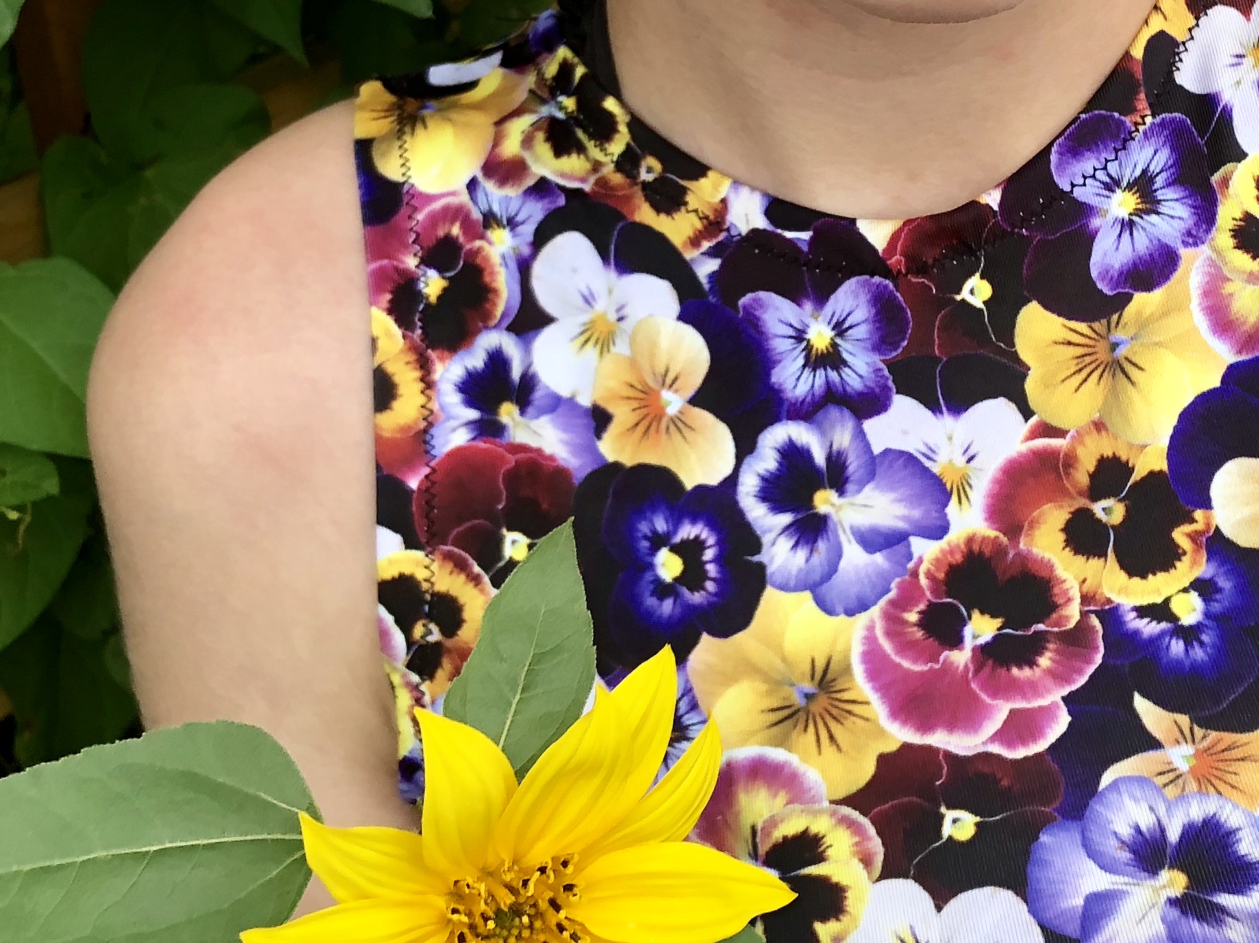 close up of pansy field fabric shirt